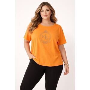 Lauren Ralph Lauren Orange Rhinestone Crest Logo Tee Women’s XXL